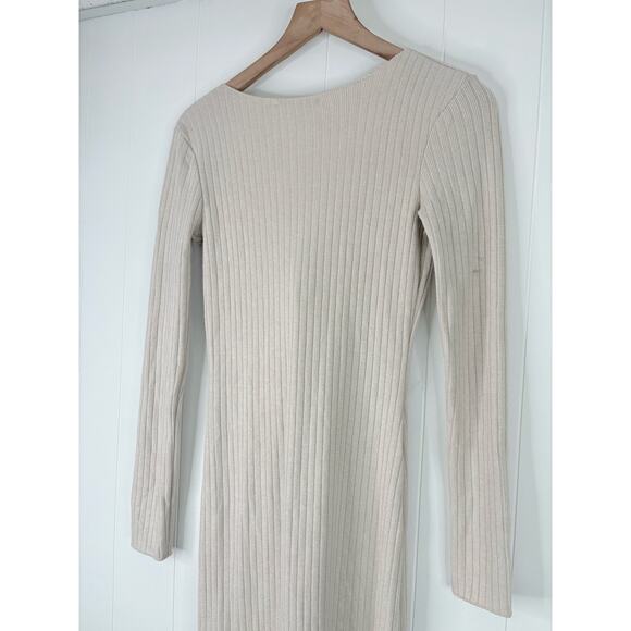 Zara Ribbed Bodycon Midi Dress Medium Cream Split Front Long Sleeve - Picture 7 of 10